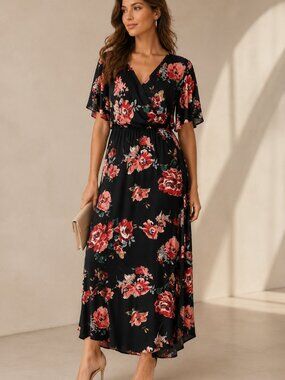 EVERLY Floral Maxi Dress Size S Black Pink V-Neck Side Slit Boho Romantic